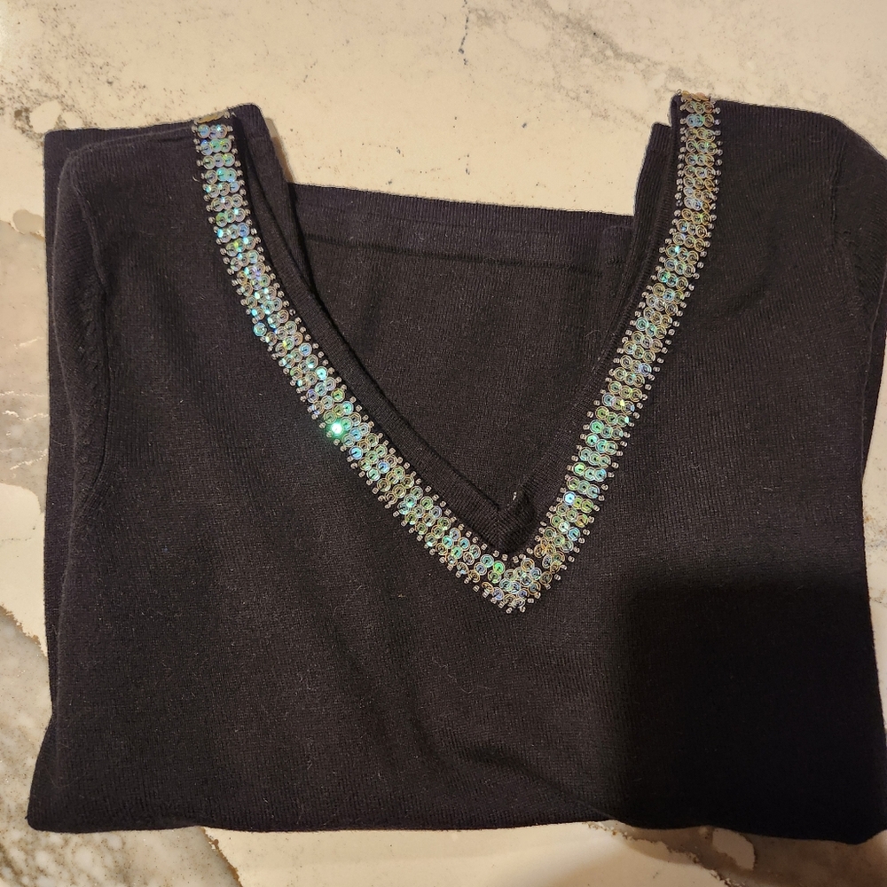Gap Sequins Double V Sweater; Size - S; Color - Black